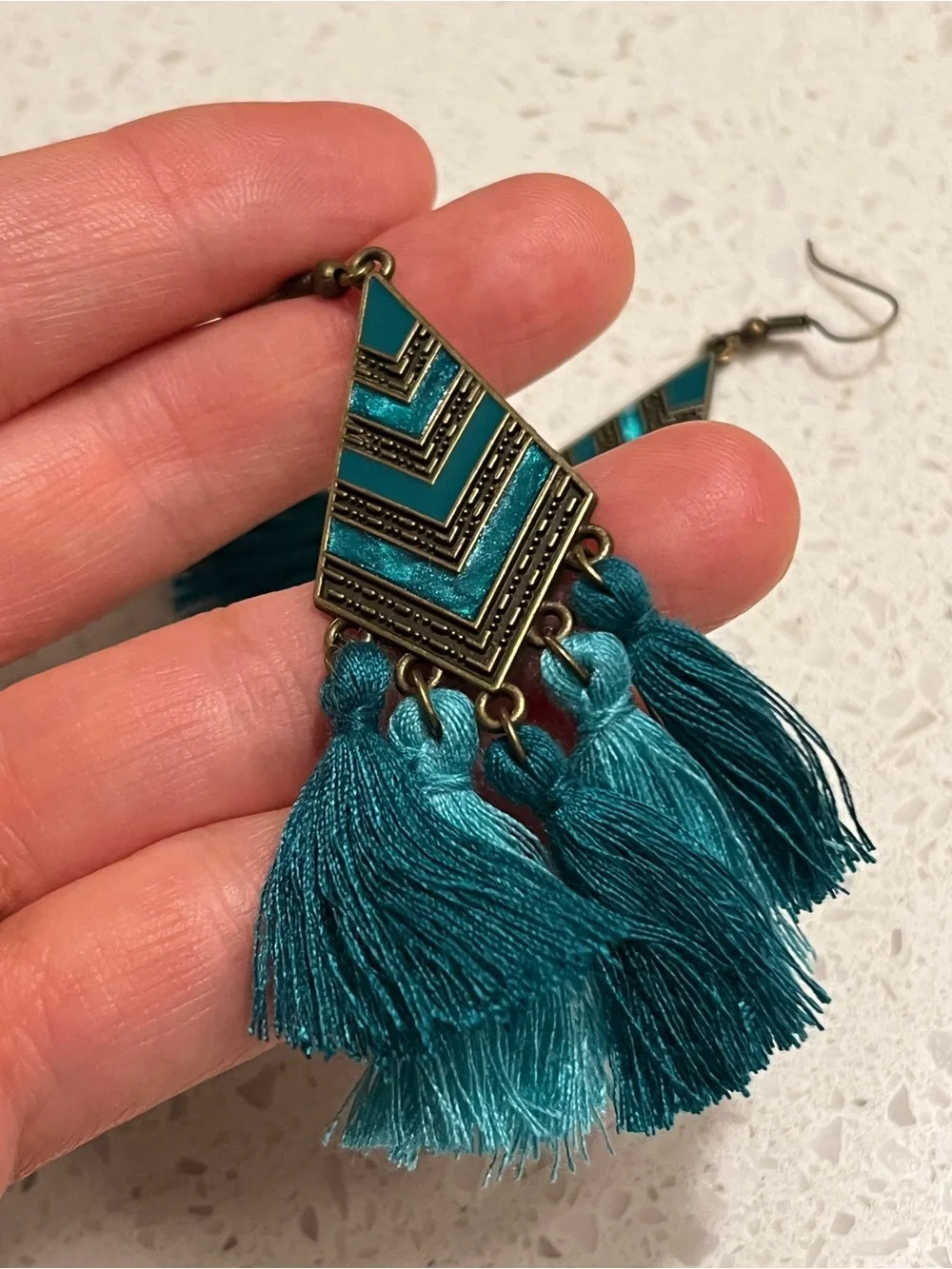 Boho Teal Chevron Tassel Drop Earrings
